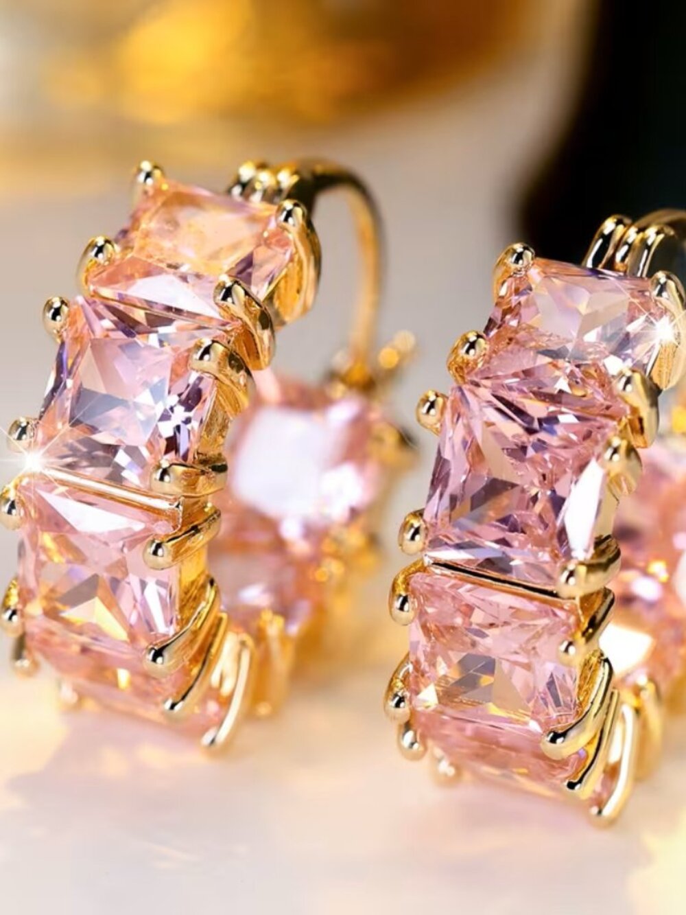 "Anastasia" Princess Cut CZ Pink and GoldHuggie Hoop Earrings